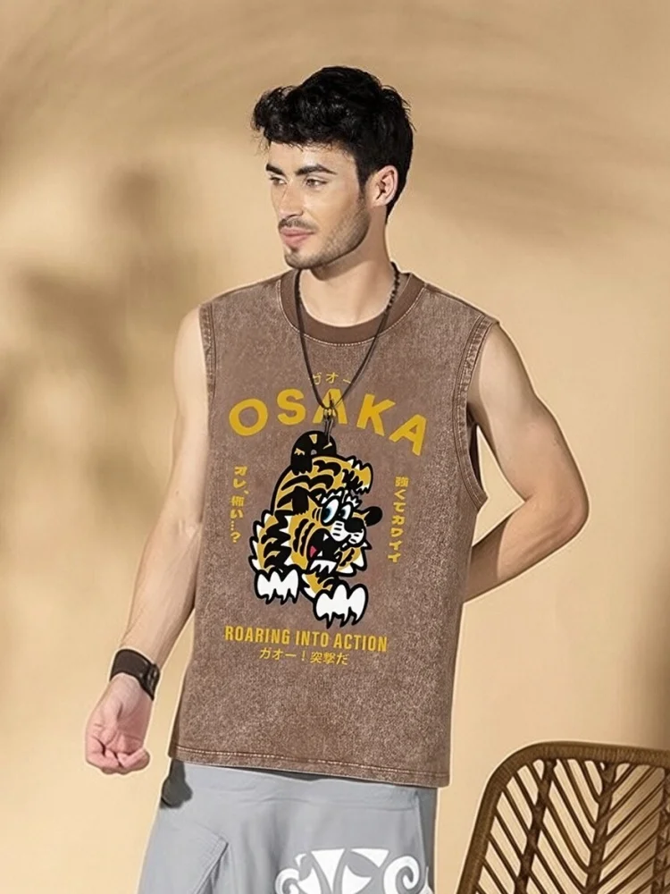 

Мужская спортивная майка из чистого хлопка с эффектом стирки, круглым вырезом, в стиле Харадзюку, для отдыха и бега, от Osaka Tiger. Стильная мужская одежда.