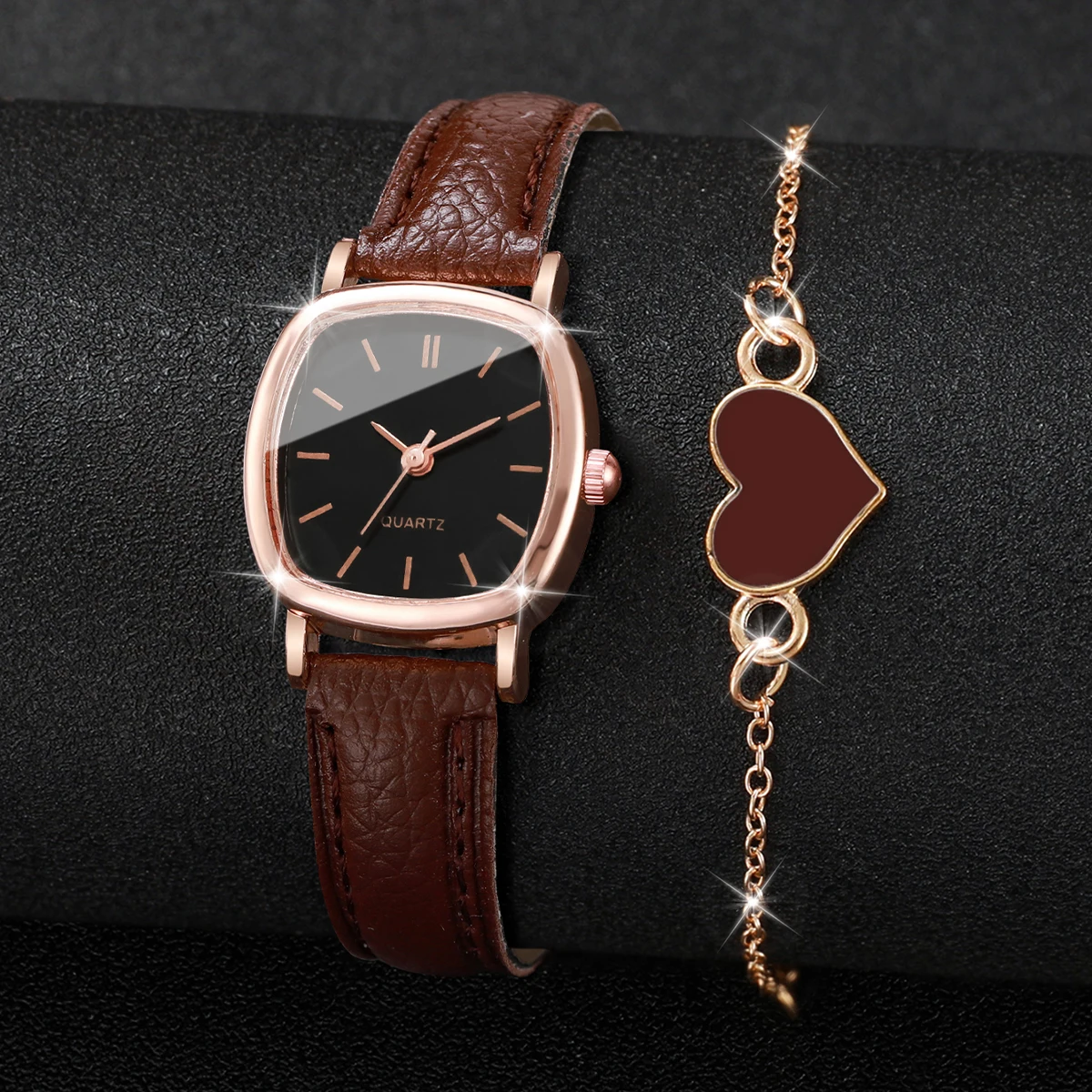 2PCS/Set Fashion Small Dial Women Watches Leather Band Quartz Watch Heart Bracelet Set Reloj Mujer Girls Clock GiftWithout Box