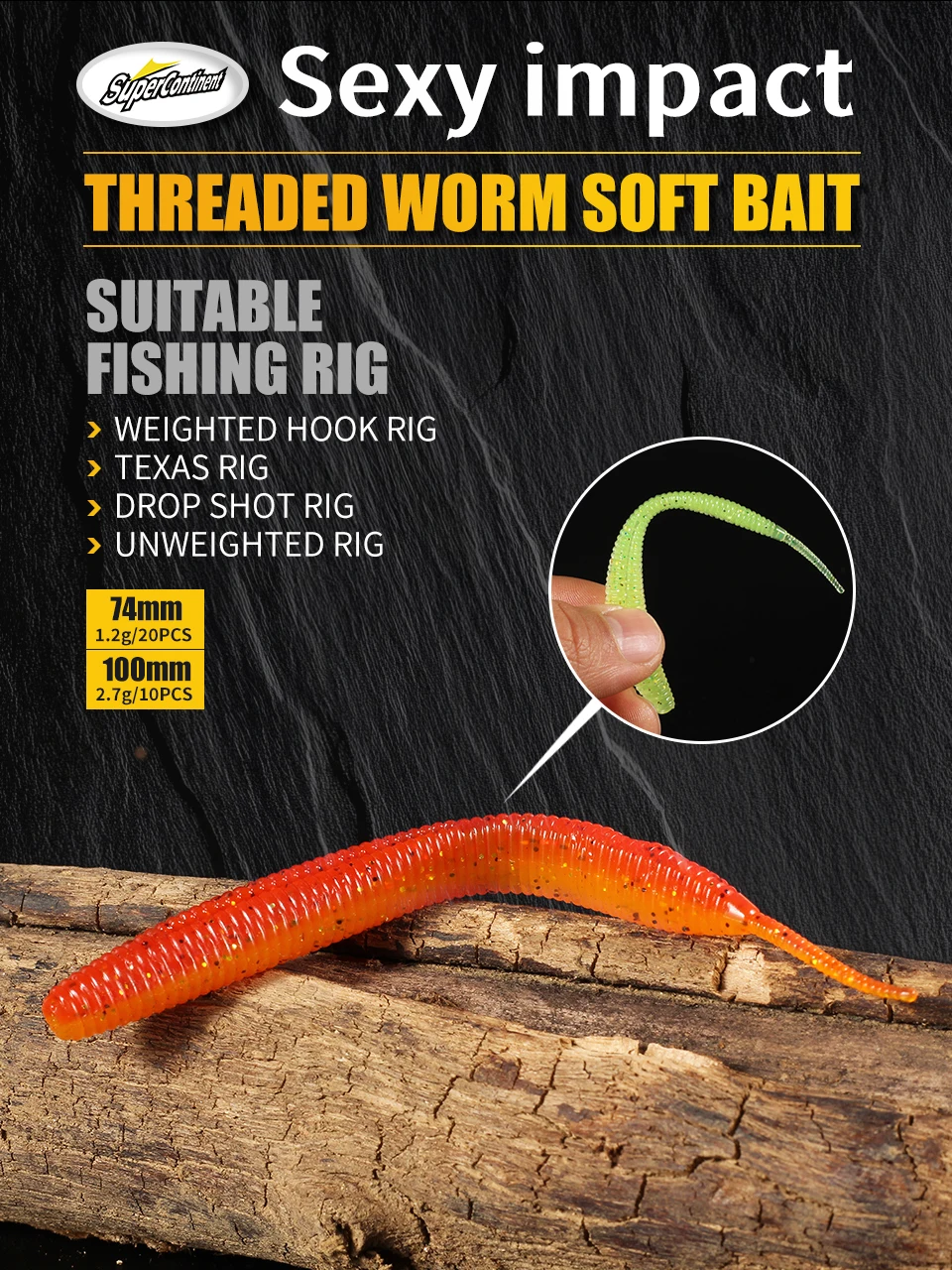 Nowość 2019: Supercontinent Needle-tailed Straight Worm, teraz w ofercie, 100mm/10szt., dwukolorowa przynęta silikonowa. — 2