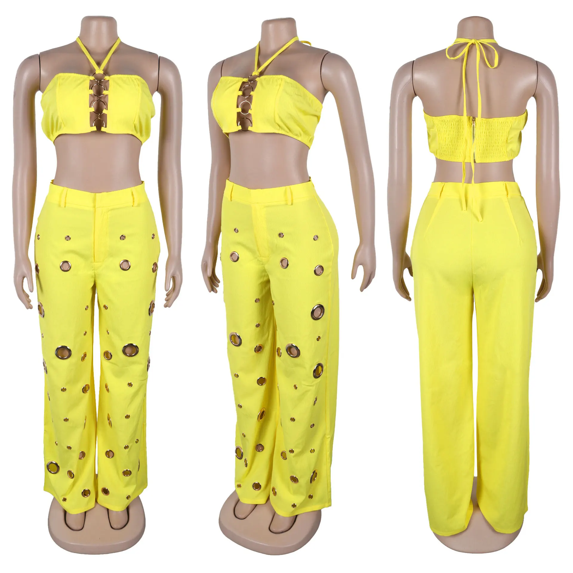 Metal Ring Hollow Out Two Piece Set Women Sexy Strapless Lace Up Halter Backless Crop Tops + Wide Leg Pants Casual Street Suits