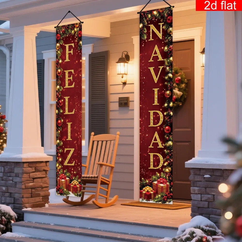 2Pcs Christmas Door Banner Polyester Feliz Navidad Front Porch Hanging Sign Xmas Doorway Decor Indoor Outdoor Holiday Wall Decor