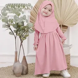 Muslim Abaya Robe And Headscarf Set For Girls 0-5 Years Pure Color Robe With Hijab Girls Outfits&Set Children Muslim Outfits