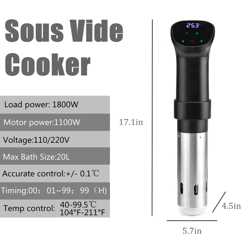 1800W IPX7 Slow Cookers Powerful Vacuum Slow Sous Vide Cooker Circulator with LCD Digital Timer Stainless Steel Cooking Machine
