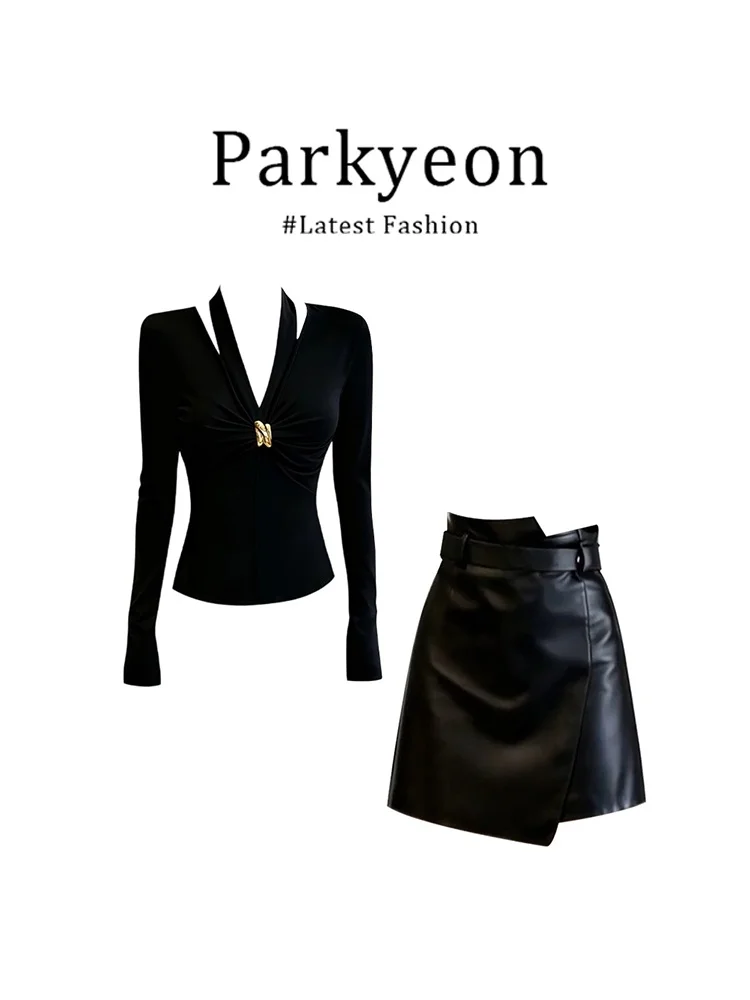 

Elegant Black V-Neck Hanging Neck Top Women's High Waist Irregular Leather Skirt Two-Piece Set Spring New Style Parkyeon