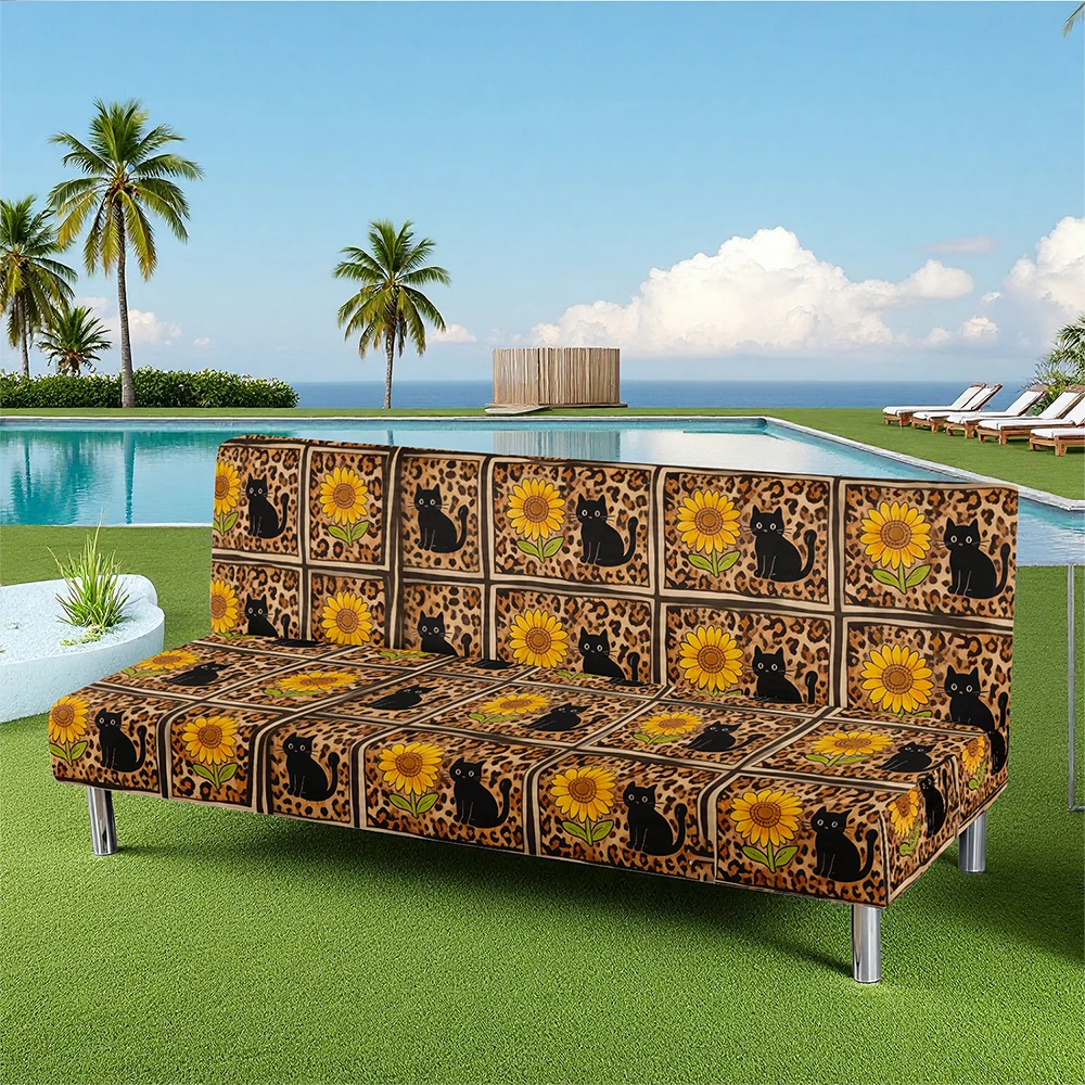 Sunflower & Black Cat Leopard Print Summer Outdoor Sofa Bed Cover, Milk Silk Elastic Slipcover, Pet - Frien