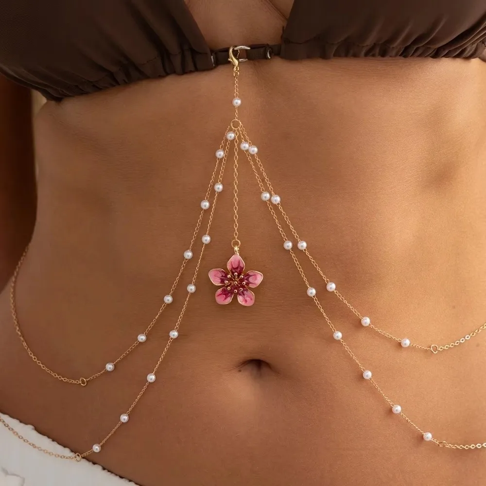 Fashion Multilayer Waist Chain Imitation Pearl Flower Pendant Belly Belt Boho Style Body Jewelry Summer