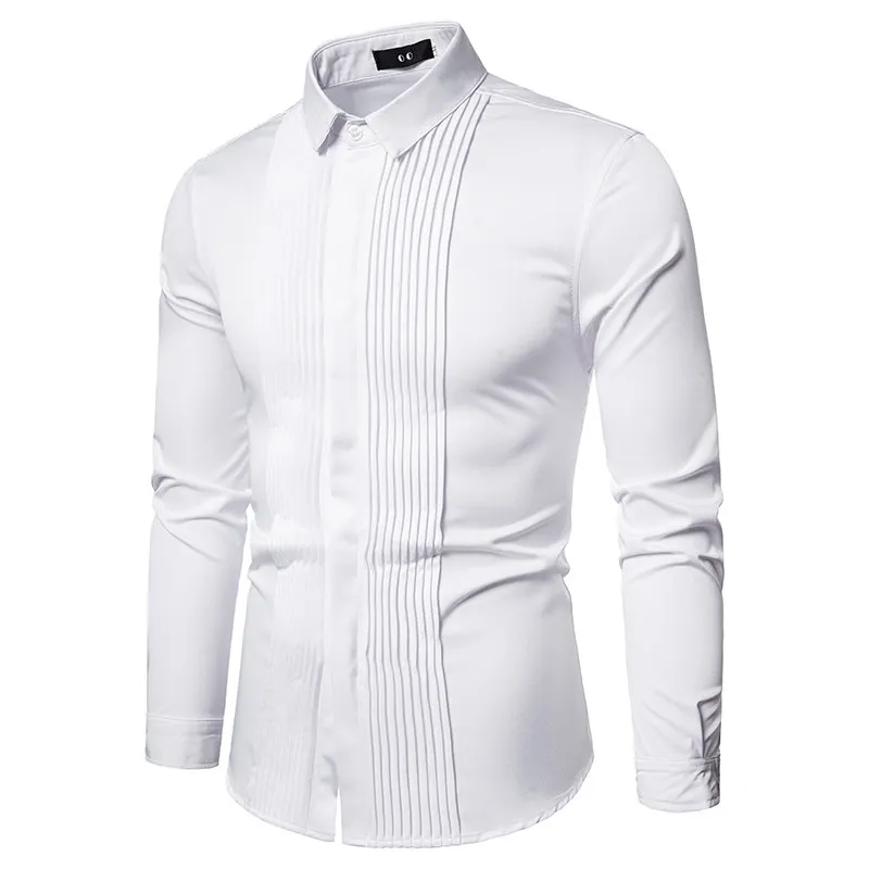 

2026 Men's Fashion Solid Shirt Casual Long Sleeve Slim Party Dress Shirt Front Pleated Design Wedding Dinner Formal Shirt Men