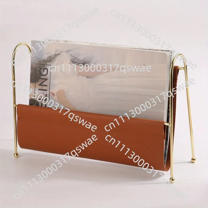 Metal Magazine Rack - Faux Leather Desk Organizer with Gold Frame, Compact Storage for Home Office