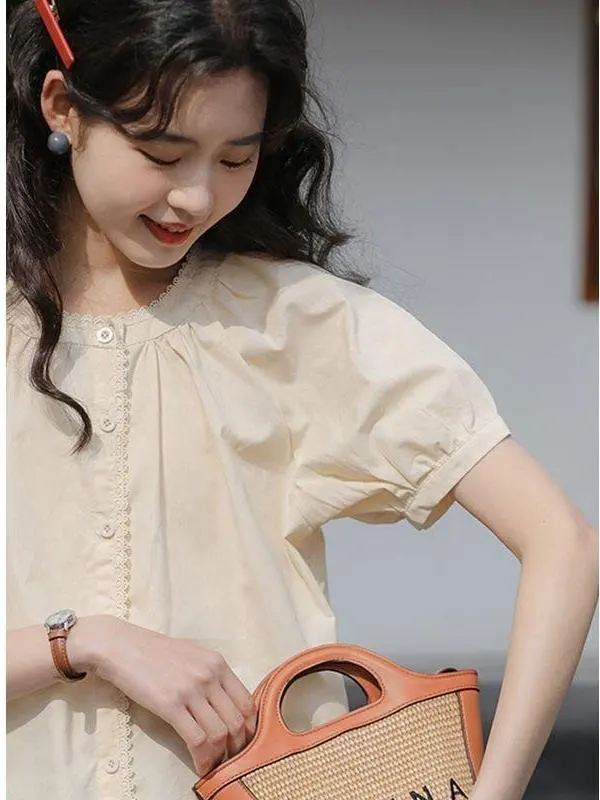 Retro Short Sleeve Women's Shirt Flower Design Sensation Neck Health Ring Summer New Style Small Clearness