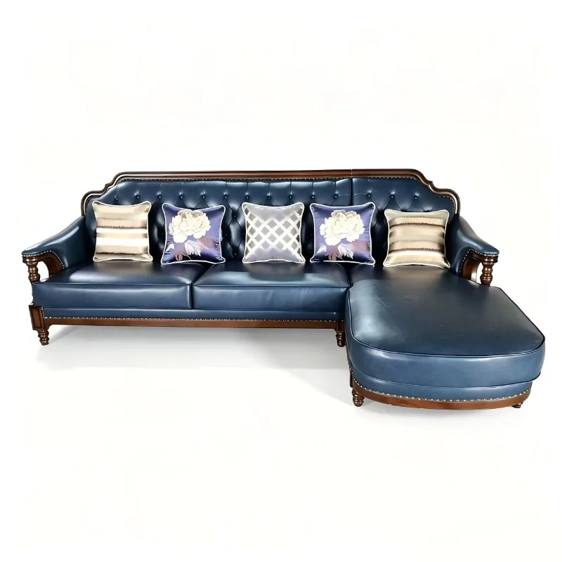American corner leather cloth sofa, large and small apartment leather art living room L-shaped leather sofa, all solid wood