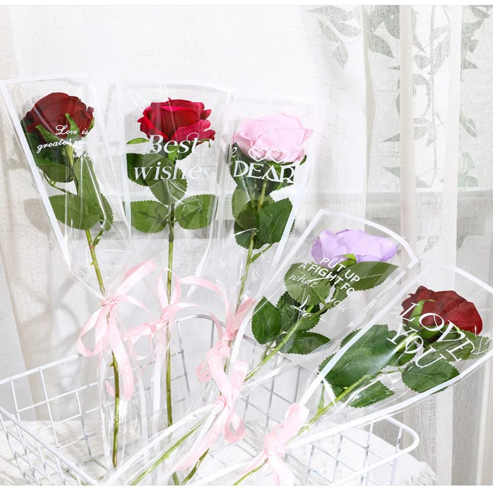 50pcs Flower Packaging Transparent English Single Bag Rose Bag Florist Wrapping Paper Trapezoidal Floral Sleeve Wrapping Paper