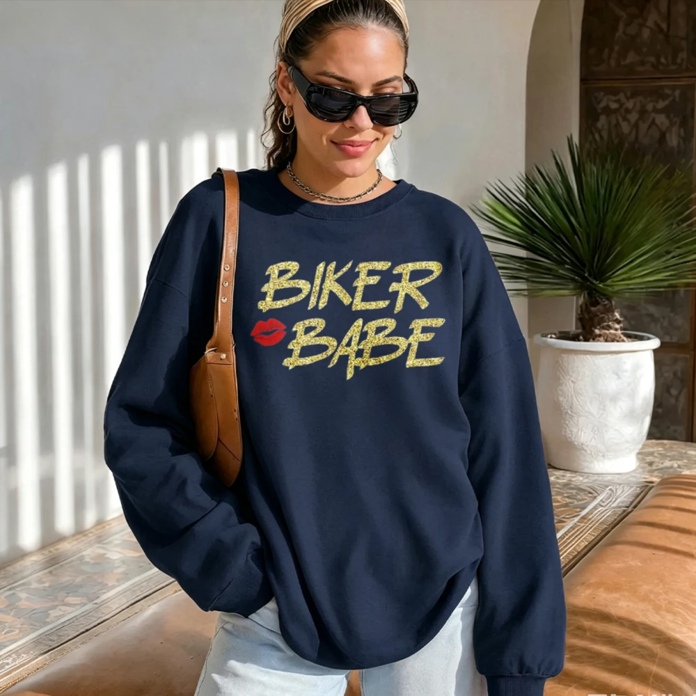 Biker Babe Red Lips Glitter Letter Graphic Sweatshirt Motorcycle Lover Long Sleeve Pullover Vintage Unisex Casual Sweatshirt Top