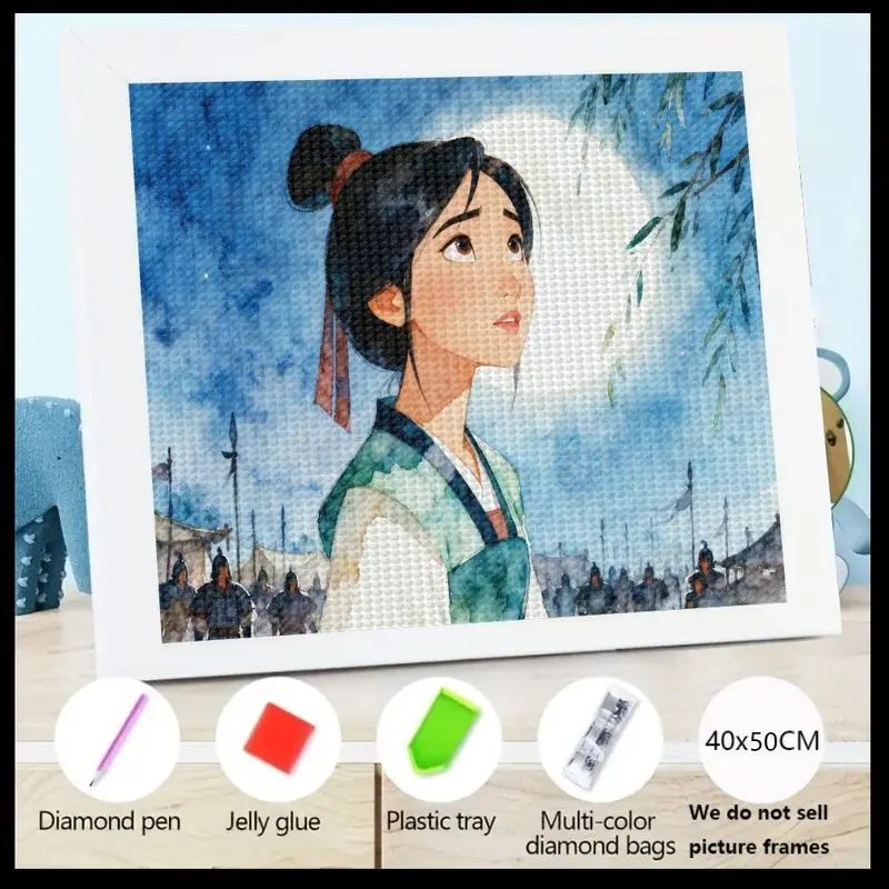 

1PC Disney Mulan 5D Diamond Painting Kit, Full Drill DIY Warrior Princess Mulan Art with Moonlit Night Scene, 40x50CM Crystal Rh