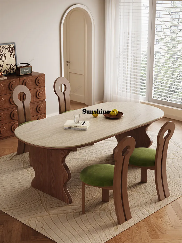 Rock slab dining table and chair combination medium and ancient style, household small apartment for eating, solid wood