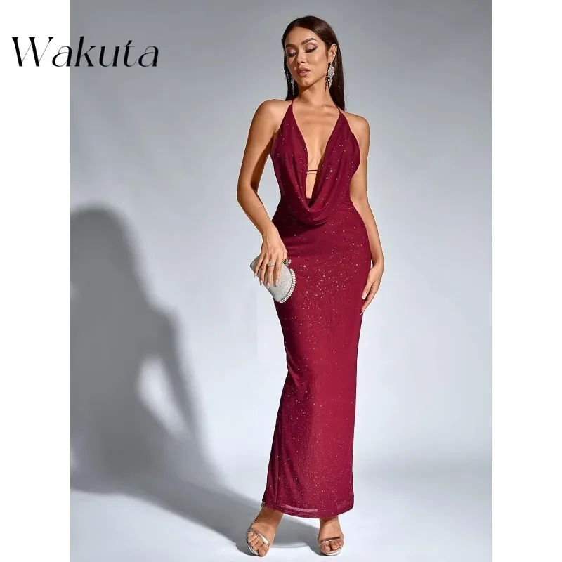 Wakuta Vintage mujeres Sexy lentejuelas ceñido al cuerpo Maxi Vestidos cuello pico espalda dividida Formal noche cóctel fiesta Vestidos largos De madrina