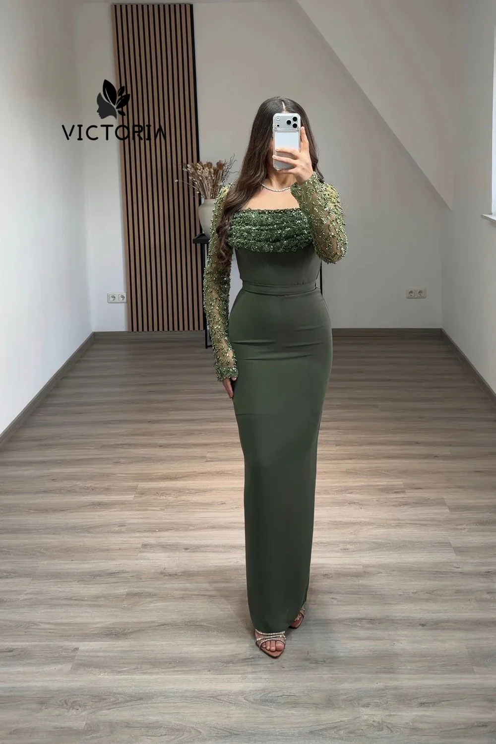 Lichtgroene avondjurk met lange mouwen en kralen zeemeermin Sweety Dubai elegante feestjurk Arabische Mexicaanse receptiejurk op maat