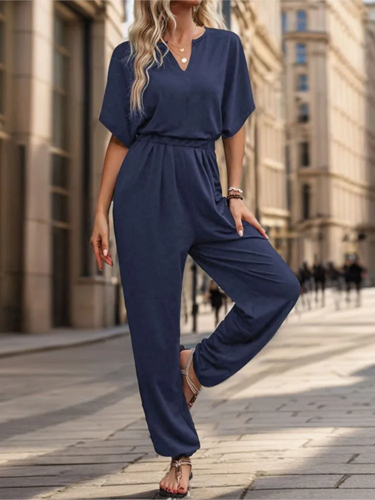 2025 New Solid Color Short Sleeved Women's Jumpsuit Spring Summer Fashion Waist Slim Fit Female Elegant Bunched Feet Jumpsuit