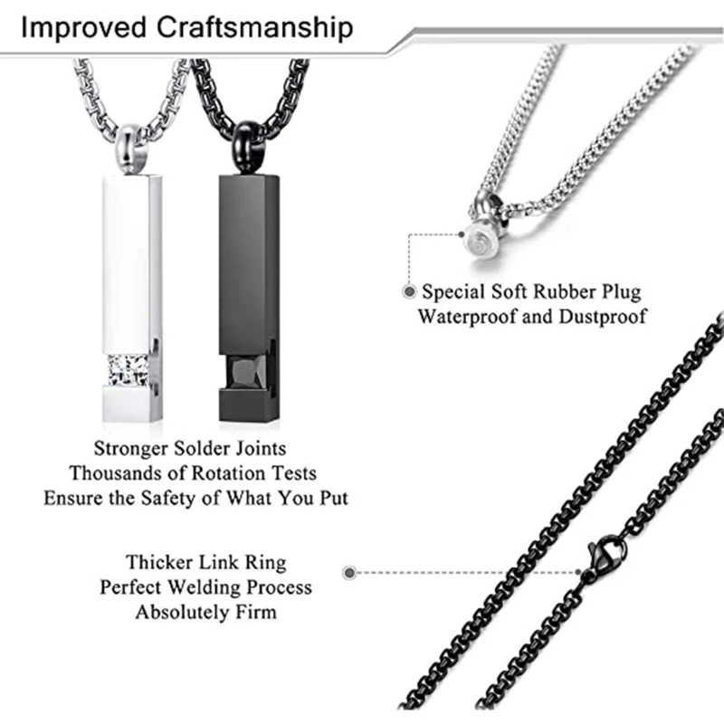 2x Cremation Urn Pendant Necklace for Memorial Stainless Steel with Zircon