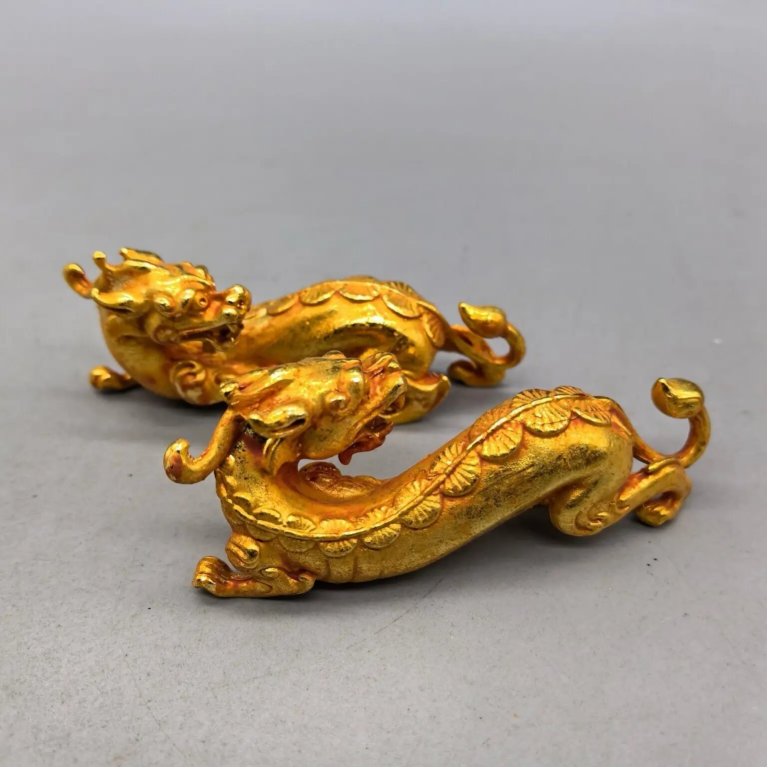 bronze gild sculpture ancient carved pair beast dragon pixiu statue