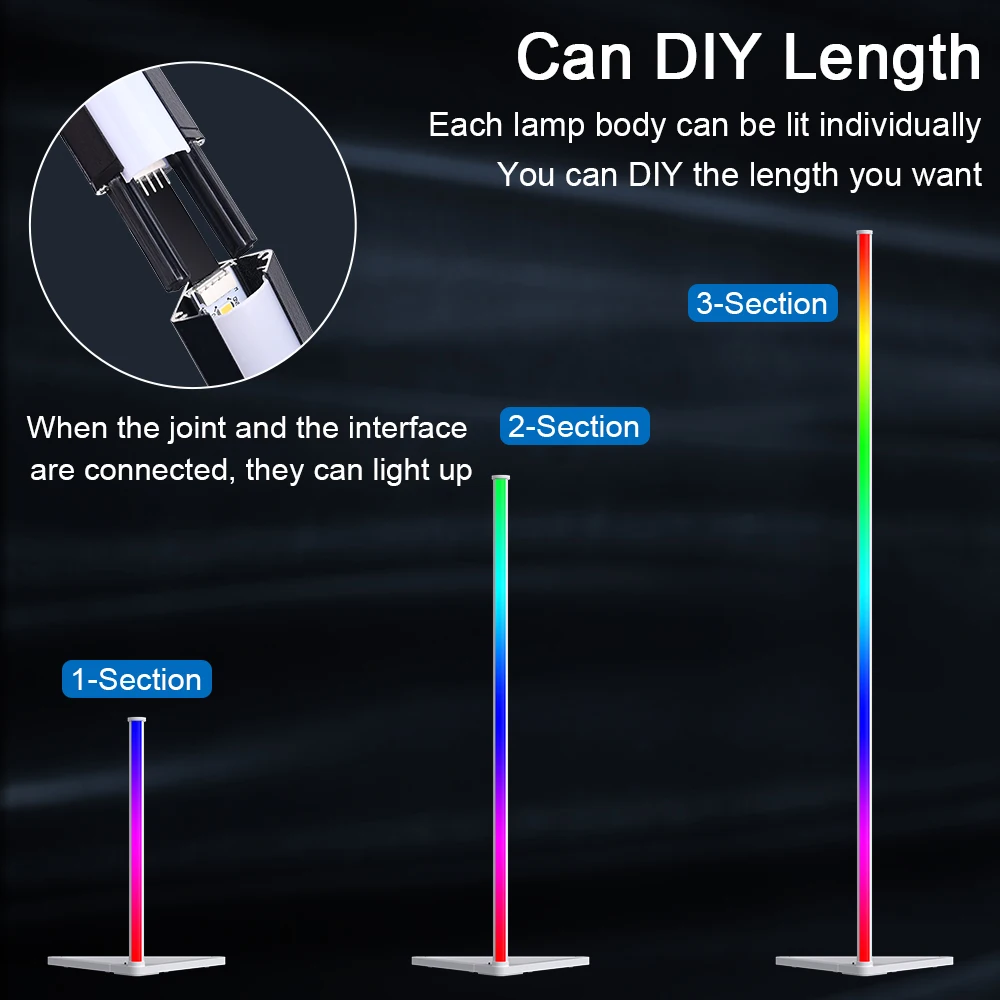 Lampadaire d'angle RVB, lampe d'ambiance LED Bluetooth, salon, chambre à coucher, maison d'art à intensité variable, lumière décorative verticale