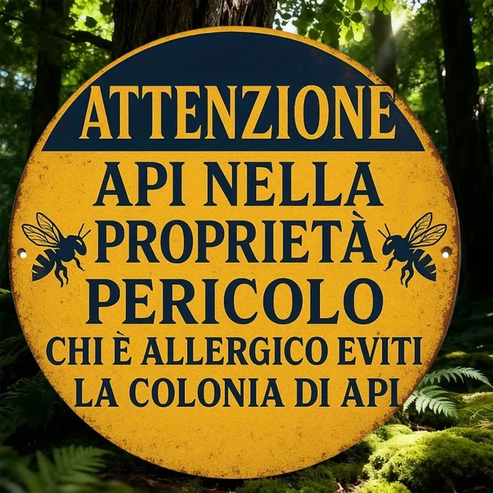 Brand Vintage Italian Bee Warning Metal Wall Art Round Aluminum Sign For Garden Home Decor Gift