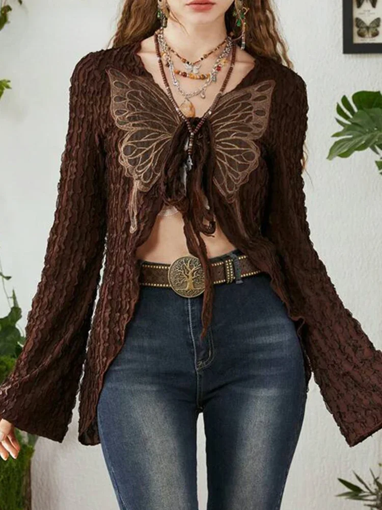 

Retro Tie Up T-shirt Cardigan Grunge Butterfly Graphic Loose Full Sleeve T Shirts for Women 2024 Autumn Vintage Tees