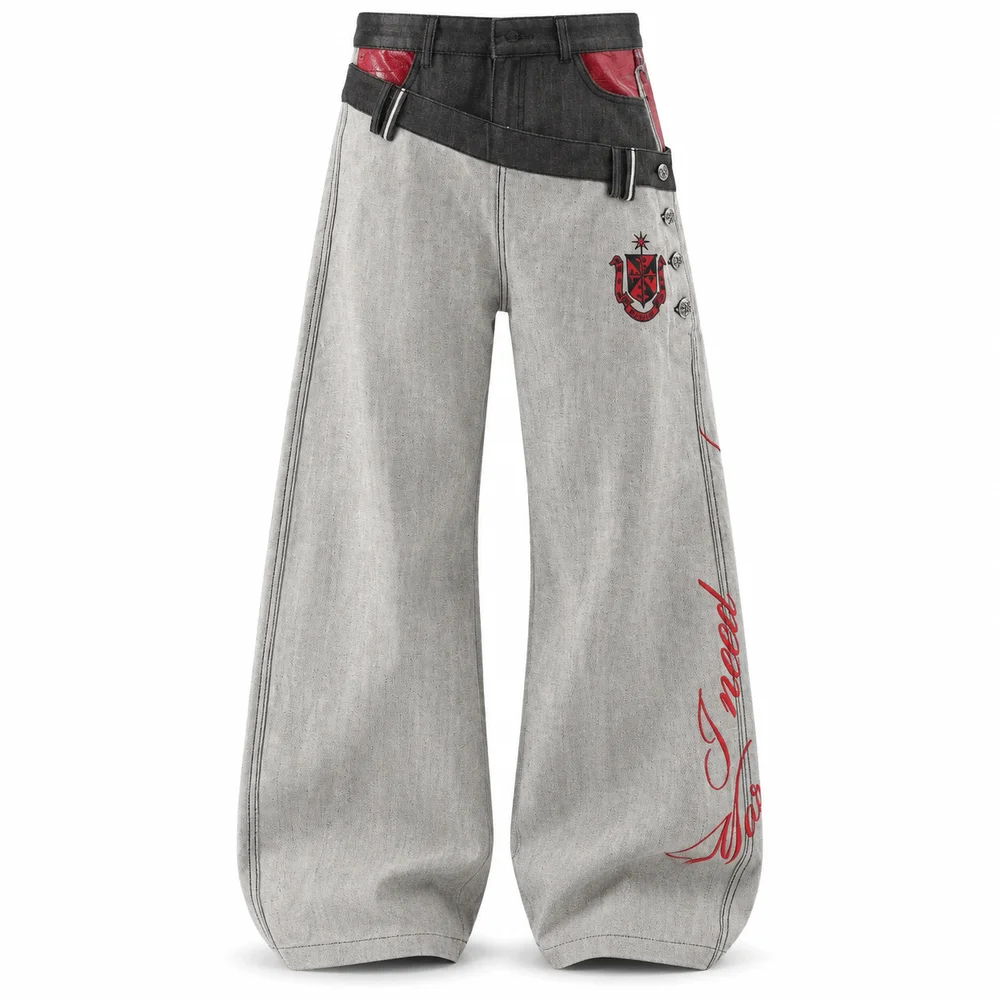 Unisex Gray Wide Leg Jeans Double Waist Red Printed Layer Street Denim Full Length Relaxed Streetwear Fit
