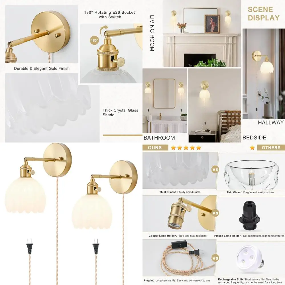 

Pair of Vintage Tulip Glass Wall Sconces with Milk White Shades, Plug-In Cord, and Switch, Gold Wall Decor Lights