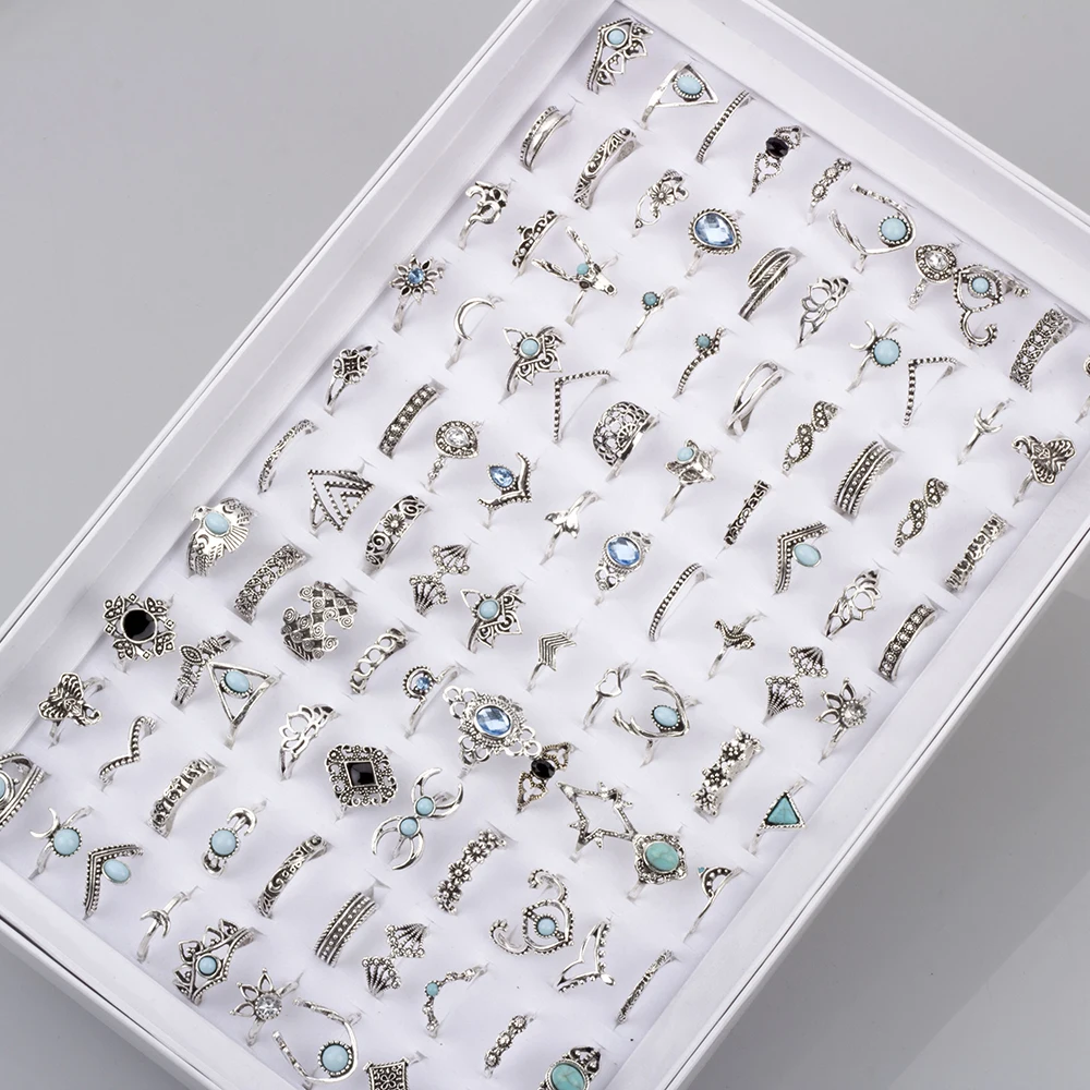 50 قطعة/الوحدة بوهيميا خمر فضي خواتم للنساء الرجال مزيج حجم تاج الفيل فراشة البنصر حزب مجوهرات هدية بالجملة