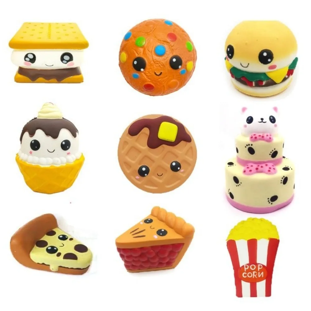 

Jumbo Expression Squishy Fidget Toy Шоколадный торт Пицца Вафли Попкорн Сжимаемые игрушки ПУ Гамбургер Игрушка для снятия стресса