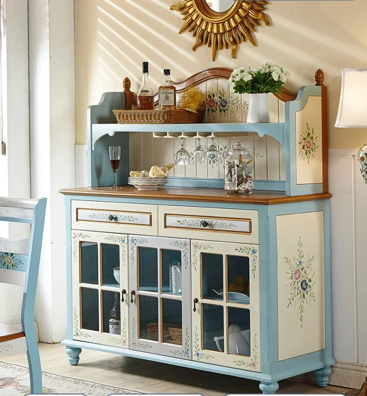 

Wine cabinet, three door restaurant, blue large capacity side panel cabinet, pastoral style, multi-functional storage cabinet