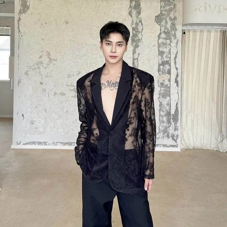 Hollow Out Suit Jacket New Versatile Shirt Jacquard Mesh Patchwork Sophisticated Elegant Club Nightclub Sexy