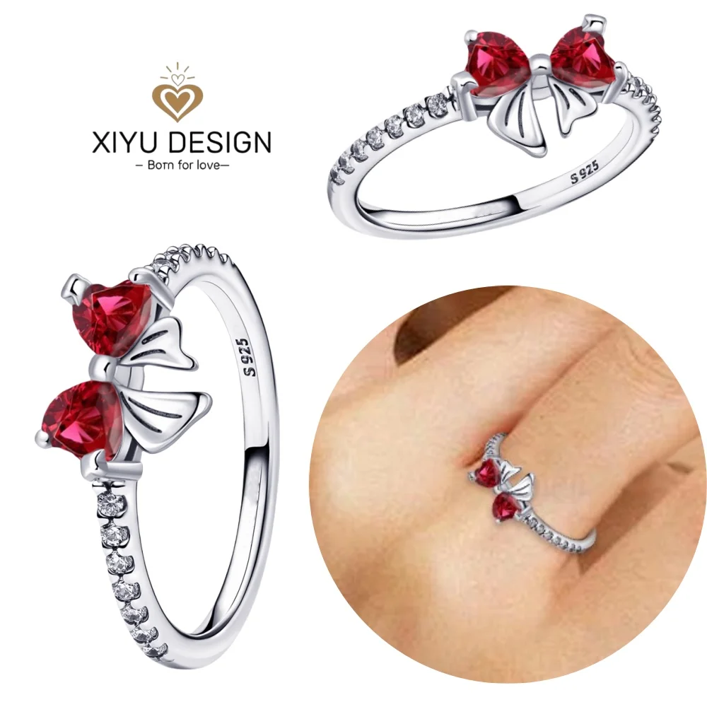 925 Sterling Silver Red Heart-shaped Ring Earrings Necklace Charm Sparkling Women\'s Jewelry Gift Fashion Light Luxury Making