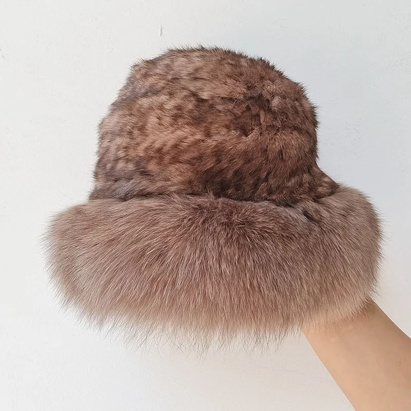 2025 Women Autumn Warm Real Rabbit Fur Hat With Fox Fur Luxury Hot sale Winter Female Genuine Fur Caps and Scarf
