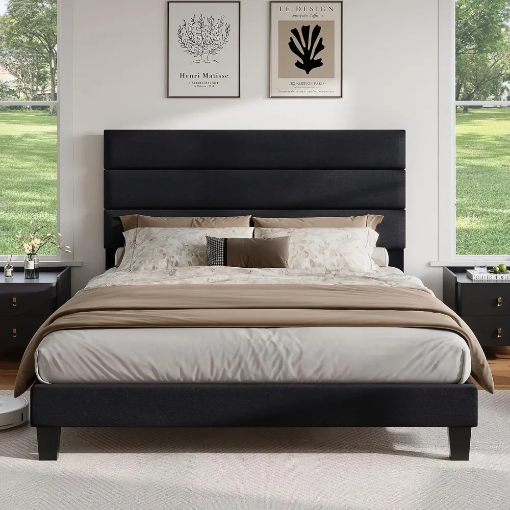 AMERLIFE Queen Size Bed Frame with Linen Upholstered Headboard, Modern Platform Bed with Wooden Slats Support, Noise-Free, No Bo