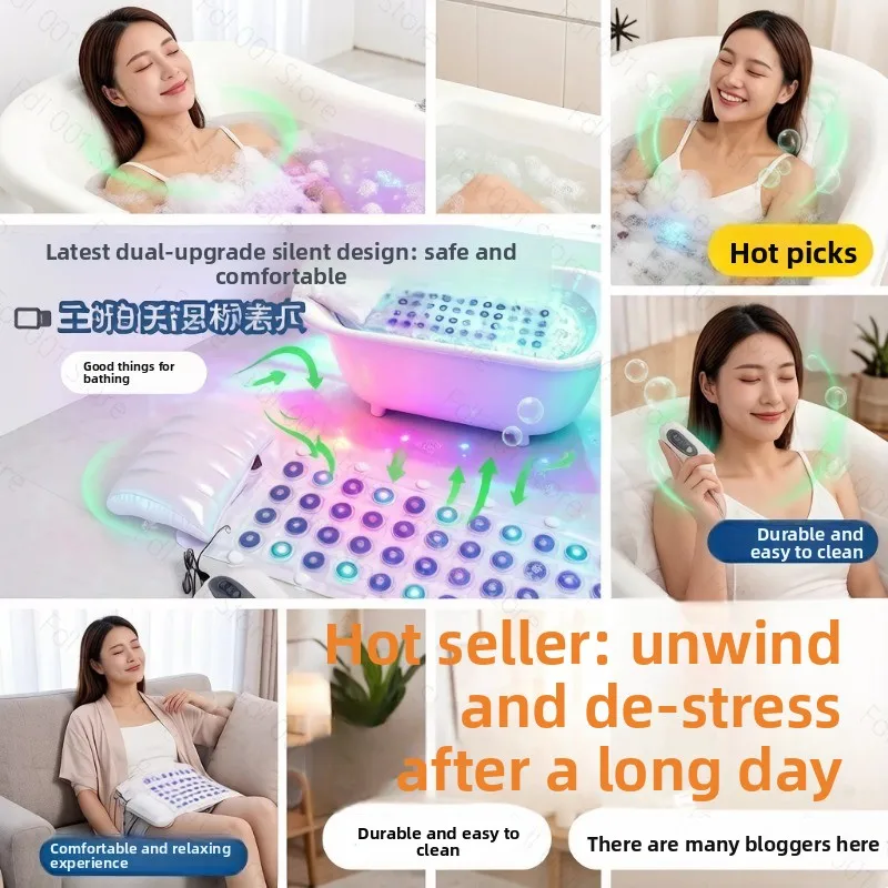 Light Bubble Bath Mat Quiet SPA Water Jet Massager 6 Adjustable Bubble Speeds Remote Controlled Bathtub Relaxation Device