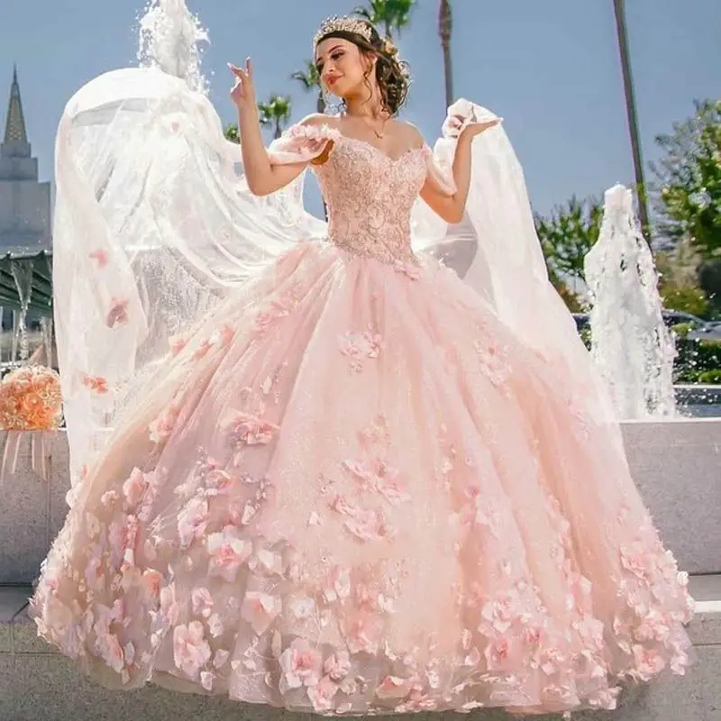 

Lorencia Pink Ball Gown Quinceanera Dress With Cape Princess Appliques Lace Flowers Corset Sweet 16 Vestido De 15 Anos YQD362