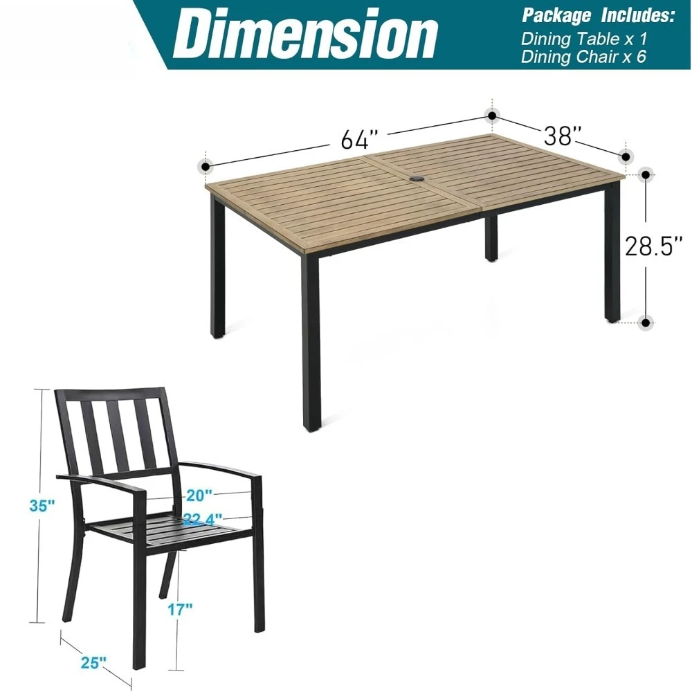 7 Pieces Outdoor Set for 6, 65” Wood-Like Metal Steel Table & Stackable Iron Dining Chairs, Large Dining Furnitur