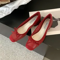 Bailamos Women Flats Fashion Soft Leather Slip On Ballet Shoes Square Toe Bow Low Heels Dress Shoes Shallow Mouth Casual Shoes M