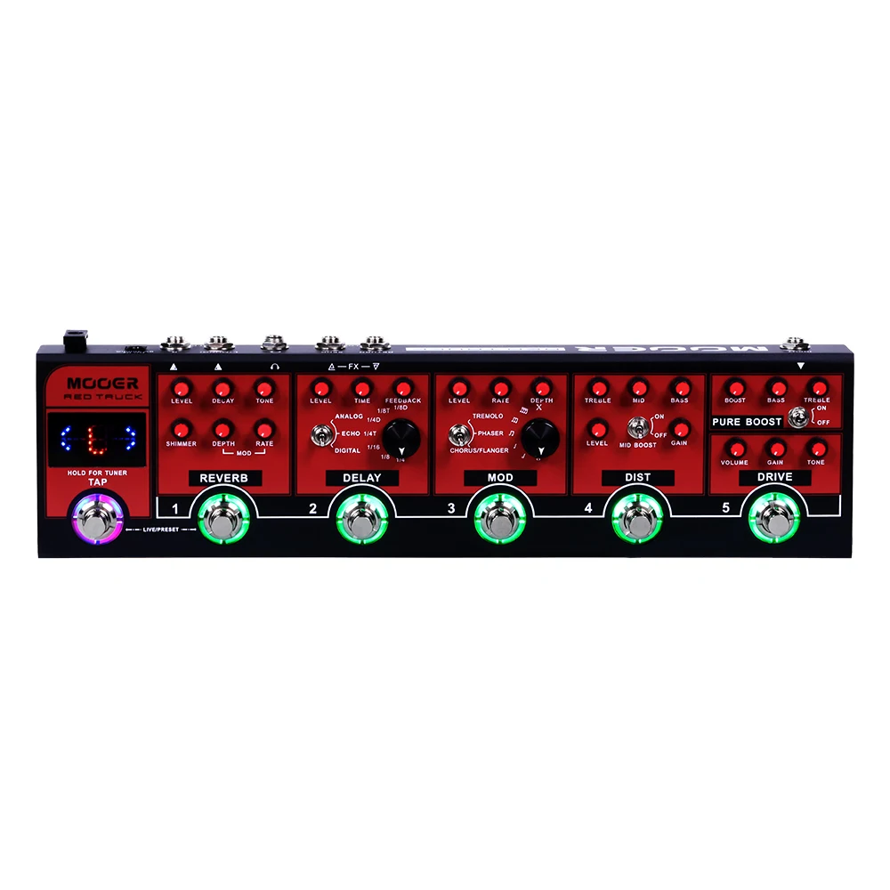 MOOER Red Truck Guitar Multi-Effects Pedal Built-in Pure Boost Drive Dist Mod Delay Reverb Tuner Effects Stereo Outputs Pedal