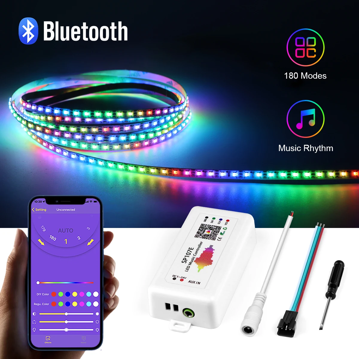 DC5V Bluetooth App Control WS2812B Smart LED Strip Lights Individually Addressable Music Sync Room Decor RGBIC Light Strip Tape