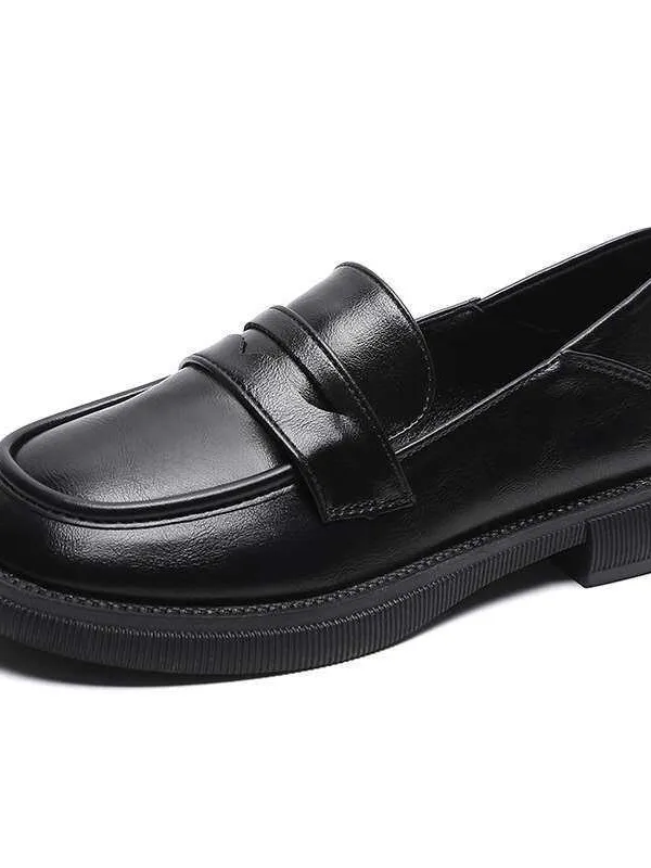 black-british-leather-shoes-chunky-heel-women's-fashion-single-shoes-casual-style-round-toe-flat-heel-rubber-sole-winter-wear