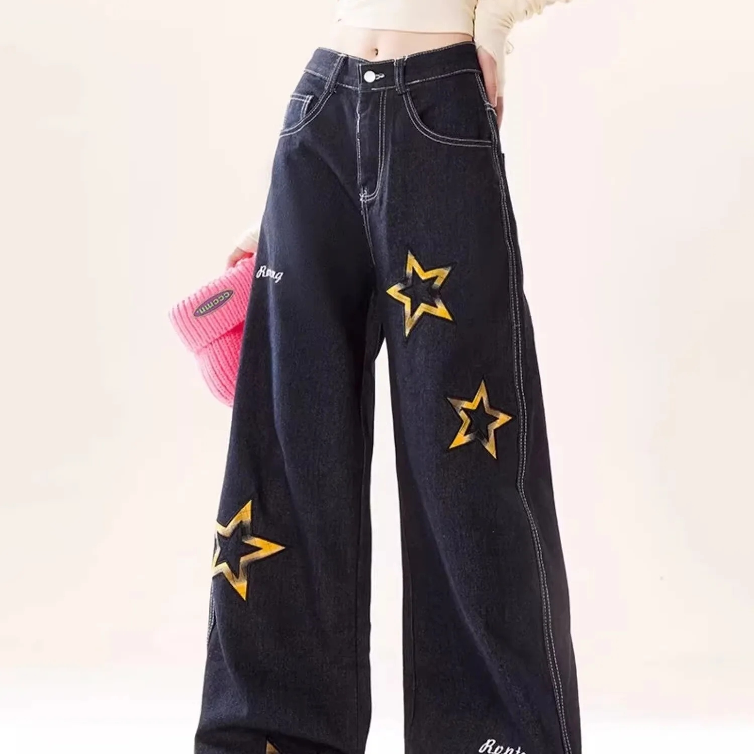 

Autumn New Women's Large Jeans Harajuku Retro Star Embroidered Jeans Trendy Women's Clothing Loose Sweatpants Women