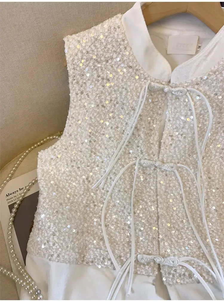 New Chinese style Chinese style button up shirt for women in spring, new high-end  embroidery shirt, sequin vest