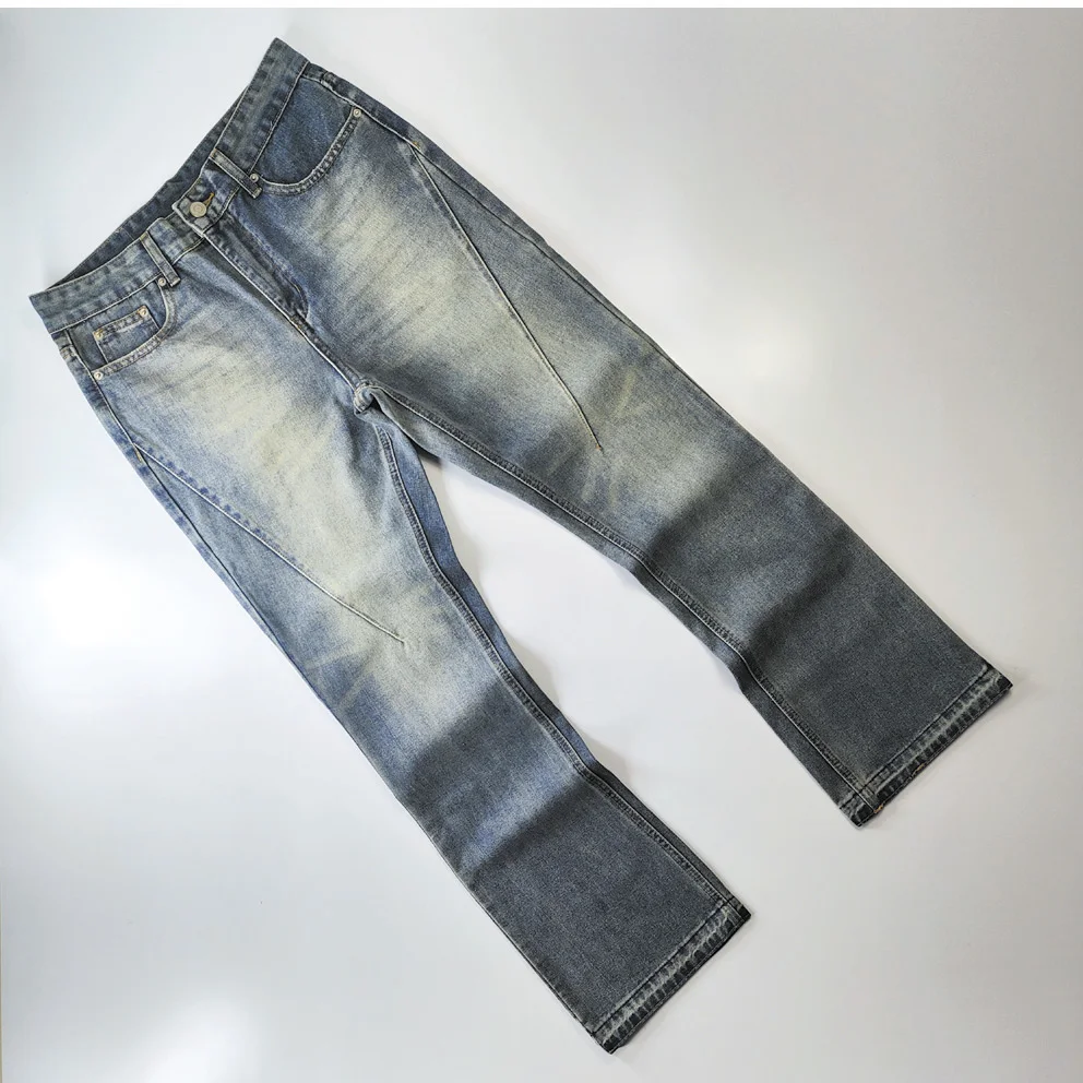 

Spring Autumn Men's No Elastic Micro Flared American High Street Clean Fit Waed out Vintage Sle Jeans Patchwork Design