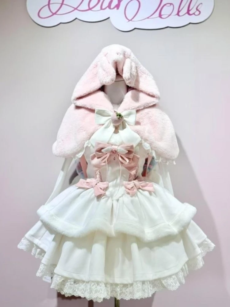 겨울 달콤한 로리타 크리스마스 드레스 세트 여성용 귀여운 숏 케이프 + 슬림 플러피 드레스 새로운 귀여운 산타 스타일 파티 의상