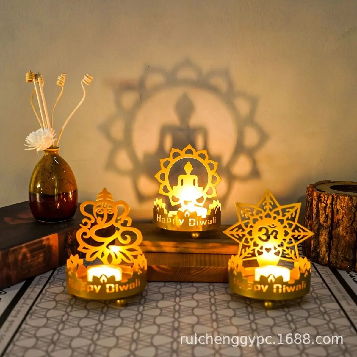 

New Diwali Projection Candle Holder Wrought Iron Candle Holder Diwali Elephant God Buddha Statue Festive Atmosphere Decoration