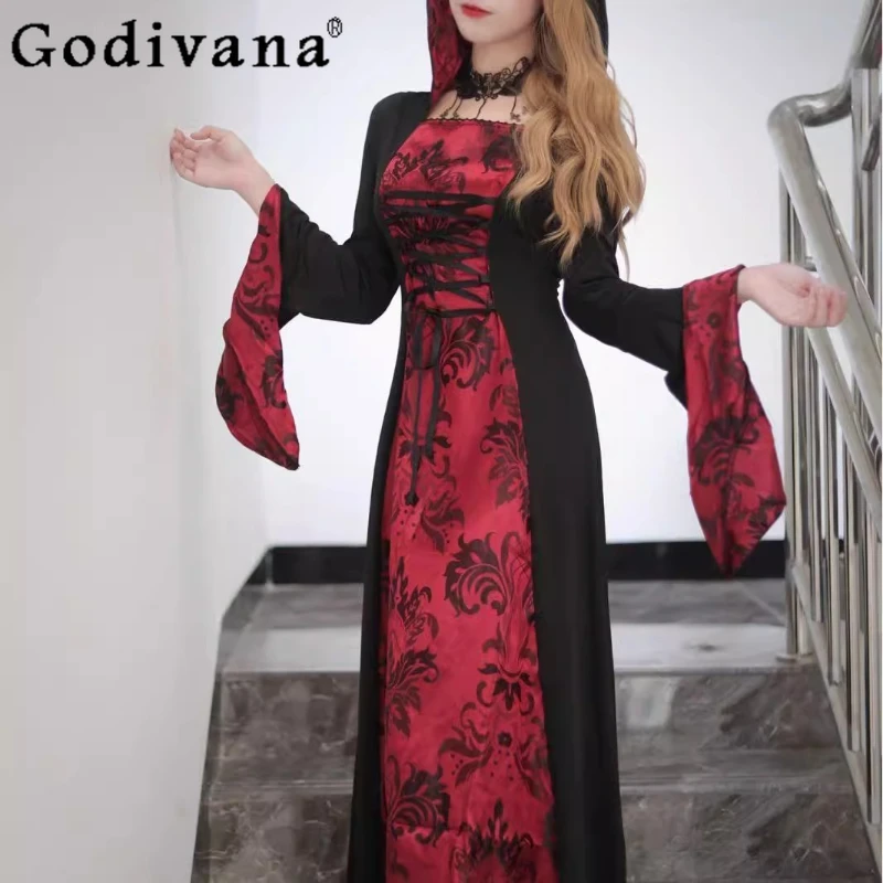 

L-5XL Plus Size Halloween Cloak Hooded Cos Uniform Prom Wizard Robe Dress Red Black Print High Waist Long Sleeve Maid Dresses