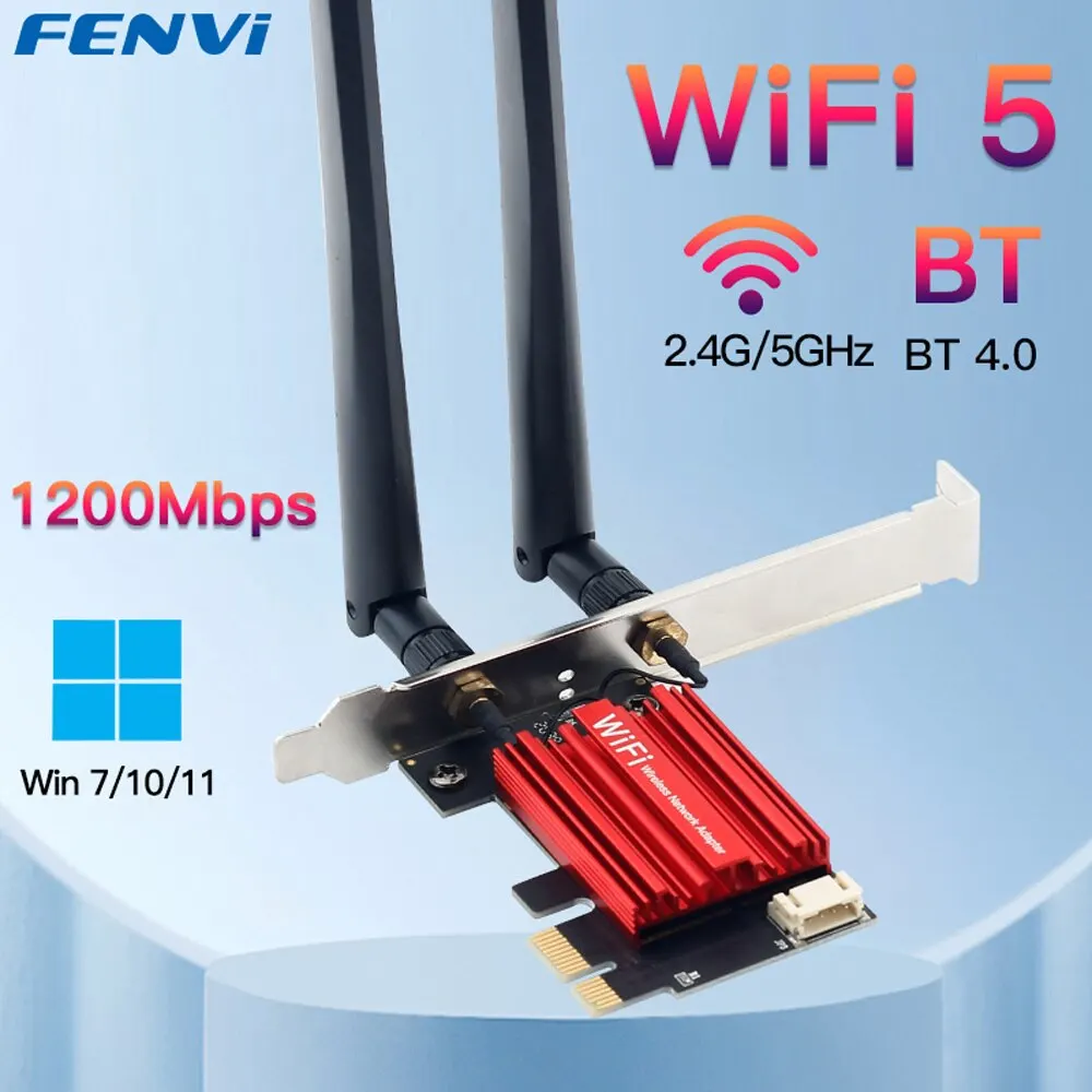 FENVI WiFi 5 PCI-E draadloze adapter AC1200 netwerkkaart Dual Band 2,4 G / 5 GHz 802.11AC voor Bluetooth 4.0 Desktop Windows 7/8/10/11