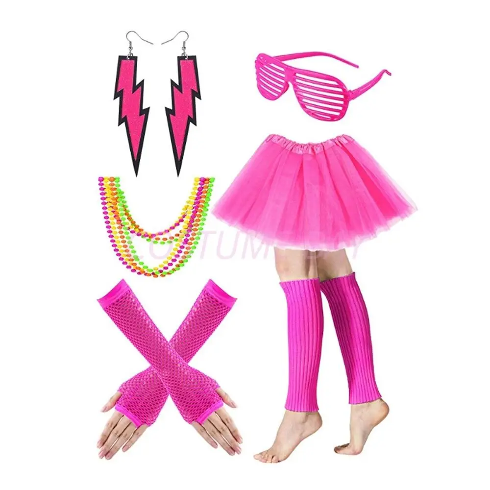 PESENAR Damen Neon 80er Jahre Tutu Rock Kostüm 6-teiliges Zubehör-Set Themenpartykostüm